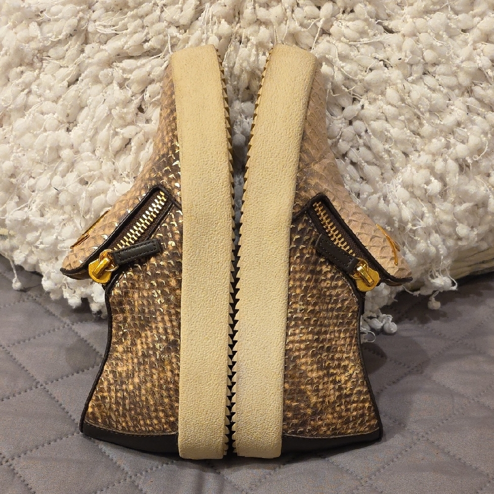 Giuseppe Zanotti Design  Brown and Cream Snakeskin Textured Sneakers - Picture 7 of 16